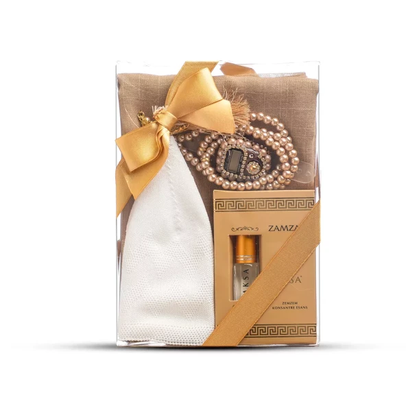 Eşarp + Takke + Esans + Tesbih + Zikirmatik Hediye Seti (Asetat Kutulu, Gold)