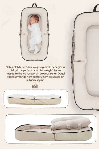 Mordesign 0-6 Ay Katlanabilir Babynest Bebek Yatağı,Taşınabilir Anne Yanı Yatağı Çantalı Foldable Serisi Bej - 3
