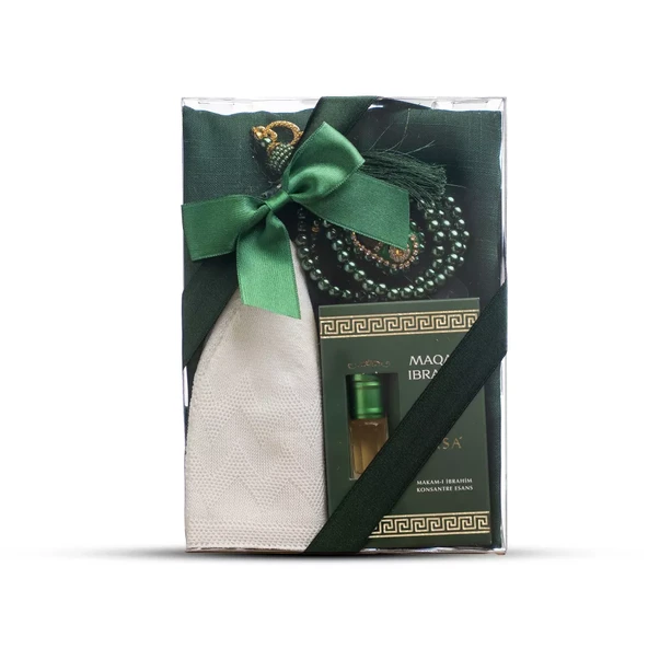Eşarp + Takke + Esans + Tesbih + Zikirmatik Hediye Seti (Asetat Kutulu, Yeşil)