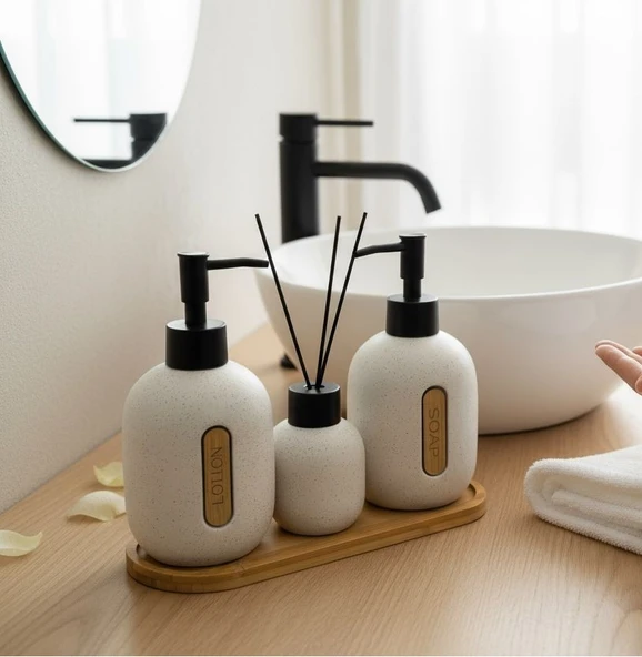 Bounies banyo seti takımı - sıvı sabunluk seti bambu altlıklı 4 parça bej - Resim 2