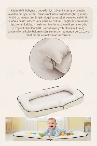 Mordesign 0-6 Ay Katlanabilir Babynest Bebek Yatağı,Taşınabilir Anne Yanı Yatağı Çantalı Foldable Serisi Bej - 4
