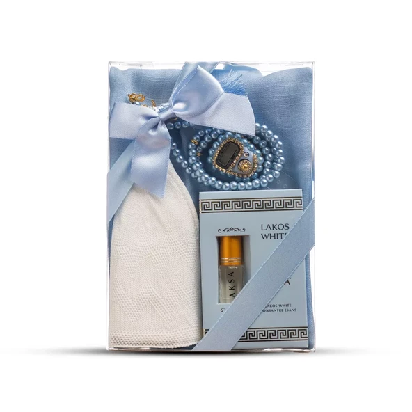 Eşarp + Takke + Esans + Tesbih + Zikirmatik Hediye Seti (Asetat Kutulu, Mavi)