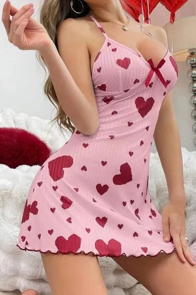 Kadın Pembe Kırmızı Kalp Desenli Askılı Sırt Dekolteli Elbise 5064 - Resim 2