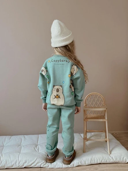 Cg Kids Capybara Kız Çocuk 3 iplik Şardon Kumaş Alt Üst Takım Süper Kalite Sırt Baskı Detaylı - 2