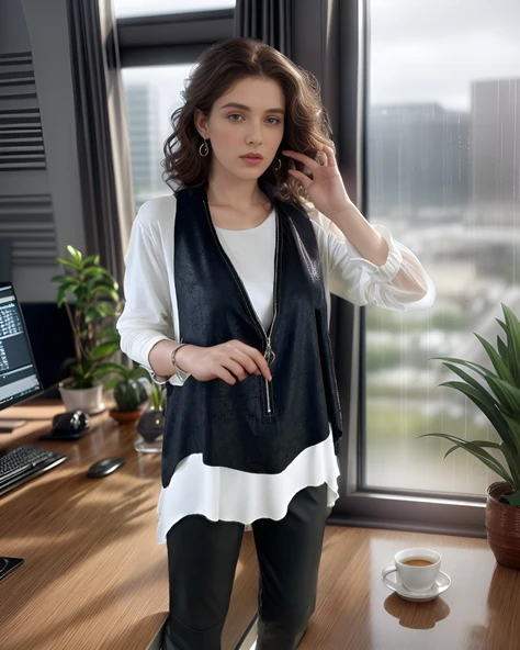 Kadın Uzun Kol Asimetrik Kesim Viskon Bluz Ve çatlak Deri Görünümlü Fermuar Detaylı Yelek Ikili Takım - Resim 4