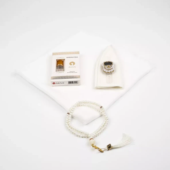 Eşarp + Takke + Esans + Tesbih + Zikirmatik Hediye Seti (Asetat Kutulu, Beyaz) - 2