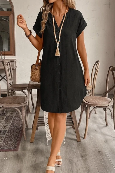 Kadın Kısa Kollu önden Düğmeli Ithal Keten Elbise - Resim 2