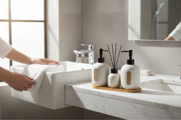 Bounies banyo seti takımı - sıvı sabunluk seti bambu altlıklı 4 parça bej - Resim 3