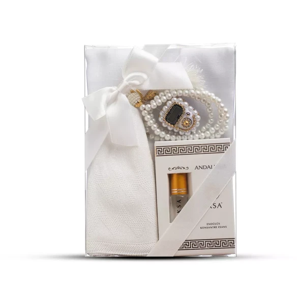 Eşarp + Takke + Esans + Tesbih + Zikirmatik Hediye Seti (Asetat Kutulu, Beyaz)