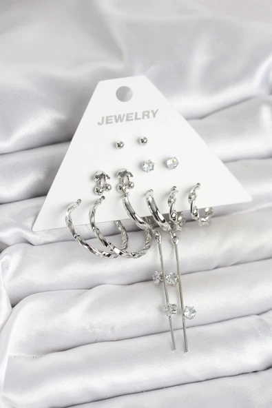 Gümüş Renk Pirinç 6'lı Kadın Küpe Seti ürün görseli