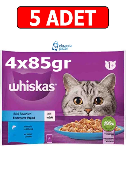 Whiskas ton somon pouch kedi yaş mama (4x85gr) 5adet balık favorileri ton somon kedi konserve