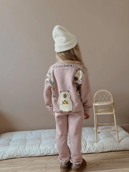 Cg Kids Capybara Kız Çocuk 3 iplik Şardon Kumaş Alt Üst Takım Süper Kalite Sırt Baskı Detaylı Soft Mürdüm - 2