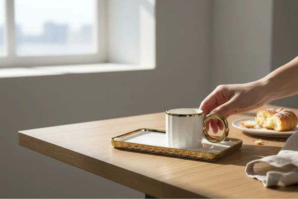 Buenos porselen sedef yaldızlı sunumluklu kahve fincan takımı seti 6 kişilik - Resim 2