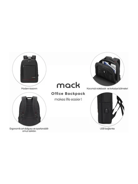 Mack Office MCC-007 17.3" Office USB Girişli Notebook Sırt Çantası Siyah - Resim 5