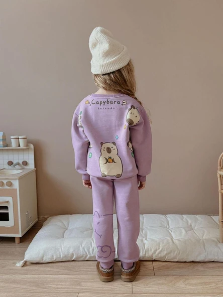 Cg Kids Capybara Kız Çocuk 3 iplik Şardon Kumaş Alt Üst Takım Süper Kalite Sırt Baskı Detaylı Mor Renk - 2