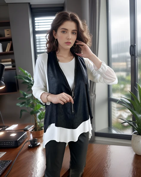 Kadın Uzun Kol Asimetrik Kesim Viskon Bluz Ve çatlak Deri Görünümlü Fermuar Detaylı Yelek Ikili Takım ürün görseli