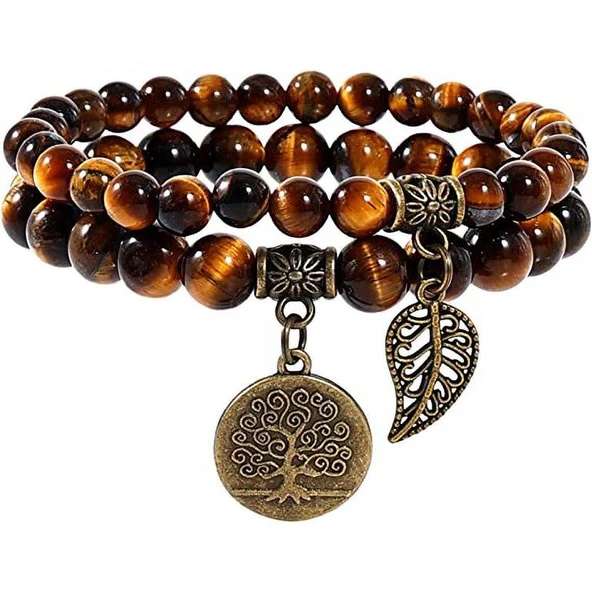 Valkyrie Doğal Kaplan Gözü Taşı Bileklik El Yapımı Enerji Dengeleyici Hayat Ağacı ve Yaprak Charm Denge ve Enerji