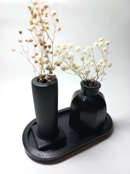 Tabaklı Dekoratif İkili Vazo Set Siyah Dekor - Resim 4