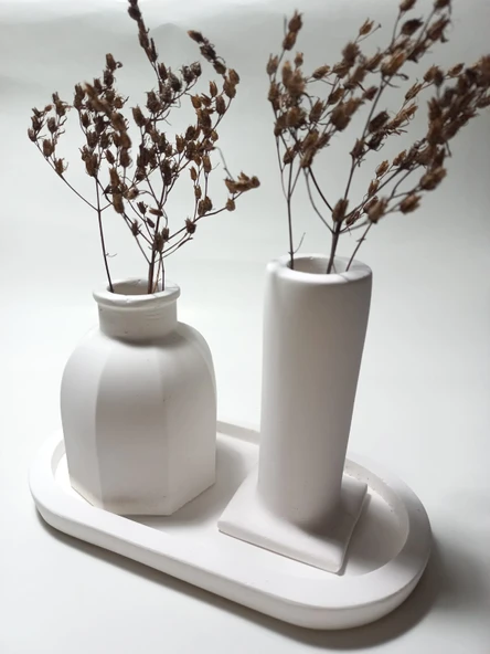Tabaklı Dekoratif İkili Vazo Set Beyaz Dekor ürün görseli 1