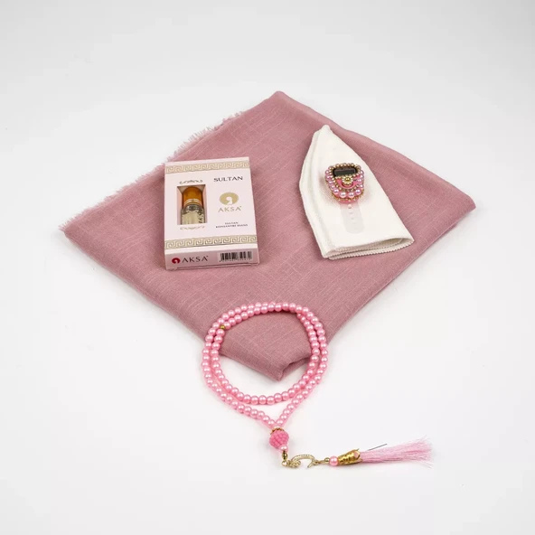 Eşarp + Takke + Esans + Tesbih + Zikirmatik Hediye Seti (Asetat Kutulu, Pembe) - 2