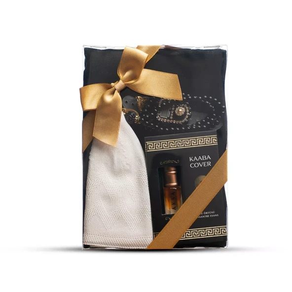 Eşarp + Takke + Esans + Tesbih + Zikirmatik Hediye Seti (Asetat Kutulu, Siyah)