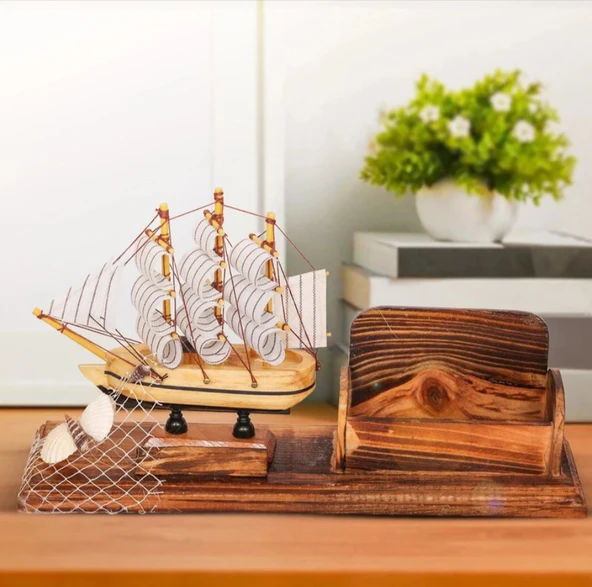 El Yapımı Ahşap Yelkenli Kartvizitlik / Kartlık 25CM - Resim 7