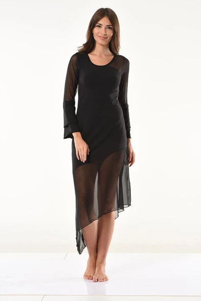 Derya Kurşun Transparan Detaylı Uzun Elbise 958 - Resim 4