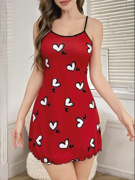 Kadın Kırmızı Beyaz Kalp Desenli Askılı Elbise 5063 - Resim 2