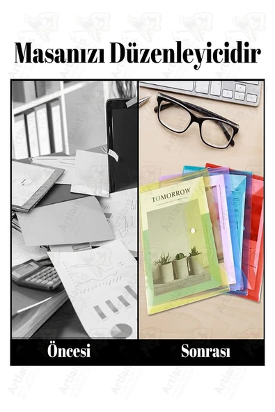 Yeşil A4 Çıtçıtlı Dosya Şeffaf Renkli Zarf Dosya 2 Adet Çıt Çıtlı Dosya Su Geçirmez 100 Yaprak Kapasite - 5