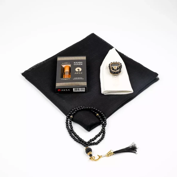 Eşarp + Takke + Esans + Tesbih + Zikirmatik Hediye Seti (Asetat Kutulu, Siyah) - 2