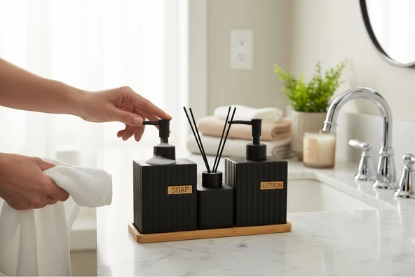 Bounies banyo seti takımı - sıvı sabunluk seti bambu altlıklı 4 parça siyah - Resim 2