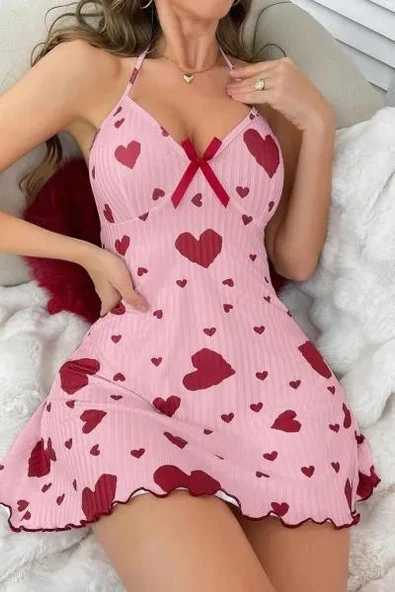 Kadın Pembe Kırmızı Kalp Desenli Askılı Sırt Dekolteli Elbise 5064 ürün görseli 1