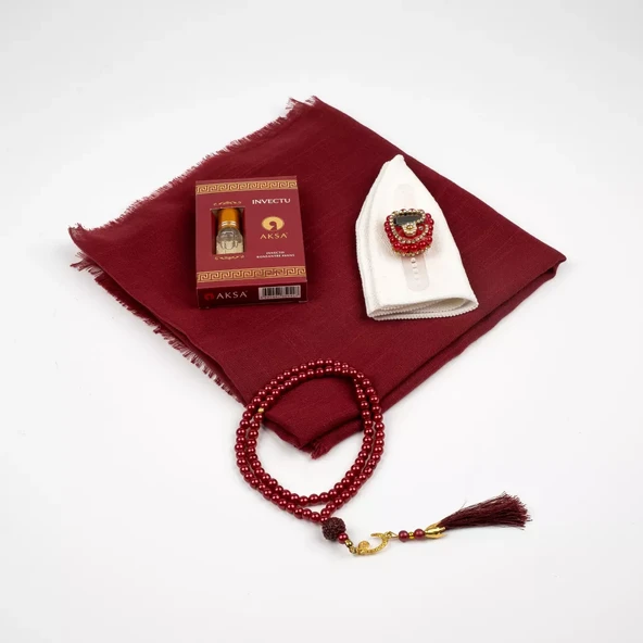 Eşarp + Takke + Esans + Tesbih + Zikirmatik Hediye Seti (Asetat Kutulu, Bordo) - 2