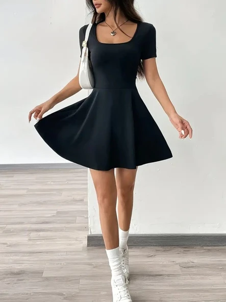 Kadın Kısa Kollu Kare Yaka Short Detaylı Cepli Dalgıç Elbise - Resim 6