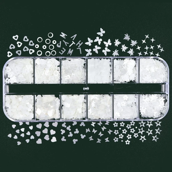 Parlak Beyaz Tırnak Süsleme Folyo Pulları Karışık Dizayn Kelebek Kalp Harfler Yıldızlar Nail Art - Resim 4