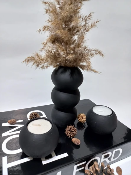 BALON VAZO İKİLİ MUMLUK SET SİYAH DEKOR - Resim 2