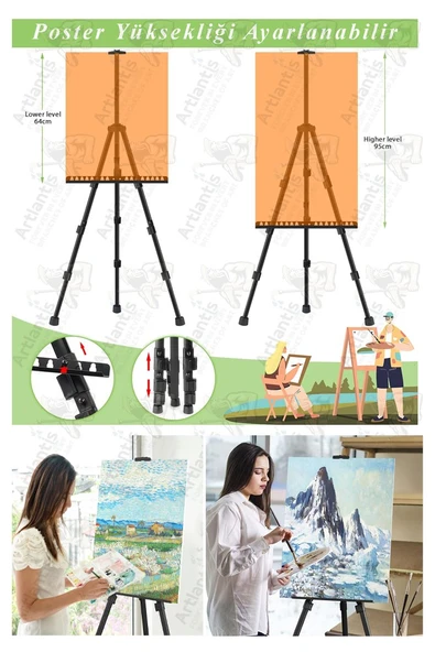 Metal Şövale 1 Adet Siyah Teleskopik Ayaklı Çantalı Resim Şövale Portatif Ayarlanabilir Tripod Üç Ayaklı Alümünyum - 5