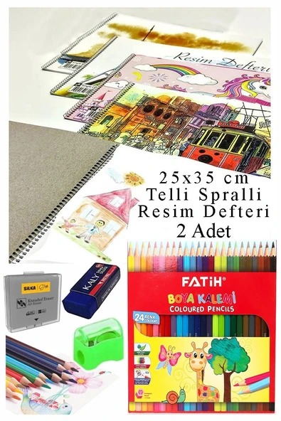 24 Renk Fatih Kuru Boya 25x35 cm Telli Spralli Resim Defteri Hamur Silgi Kalemtraş 15 Yaprak Resim Defteri Kuruboya ürün görseli