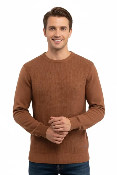 Erkek Sıfır Yaka Kazak Petek Örgü Klasik Kalıp 5243C BGL-ST04859 - Resim 2