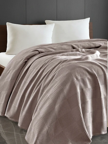 %100 Pamuk Pike Battal Boy Örtü – Karo Desen Camel Renk, 240x230 cm ürün görseli 1