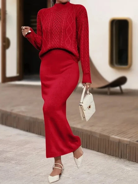 Kadın Uzun Kollu Balıkçı Yaka Bluz Ve Etek Ikili Triko Takım ürün görseli 1