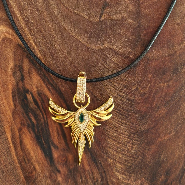 Anka Kuşu Yeşil Taşlı Gold Çelik Kadın Kolye - 3