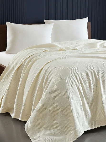%100 Pamuk Pike Battal Boy Örtü – Karo Desen Krem  Renk, 240x230 cm ürün görseli