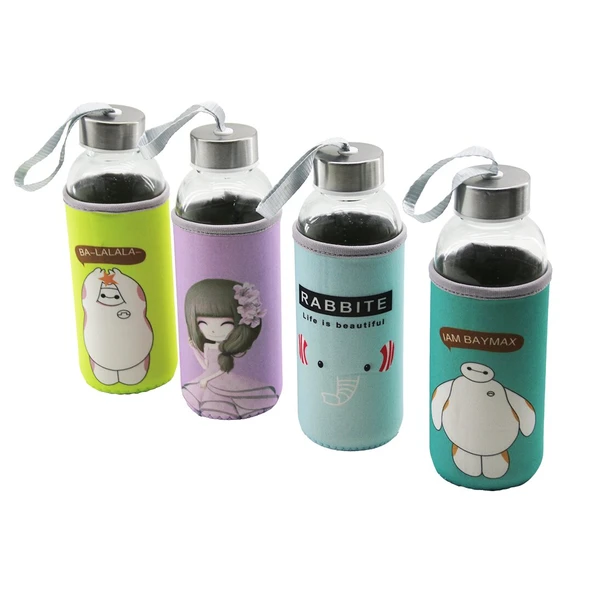 CAM ŞİŞE  MATARA SULUK  RESİMLİ BEZ KILIFLI - TAŞIMA İPLİ   420ML   KROM KAPLAMA PLS.KAPAK (5284) - Resim 2