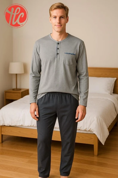 Gd Goldoremi 28301 Erkek 4 Mevsim Rahat Pamuklu Süprem Kumaş Uzun Kollu Pijama Takım - Resim 2