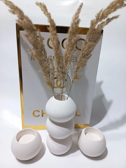 BALON VAZO İKİLİ MUMLUK SET BEYAZ DEKOR - Resim 3