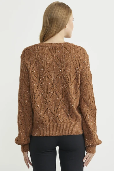 Delikli V Yaka Pullu Triko Kazak - Taba - 6