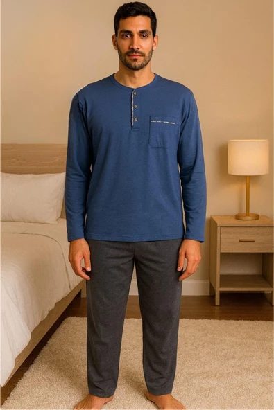 Gd Goldoremi 28301 Erkek 4 Mevsim Rahat Pamuklu Süprem Kumaş Uzun Kollu Pijama Takım - Resim 3