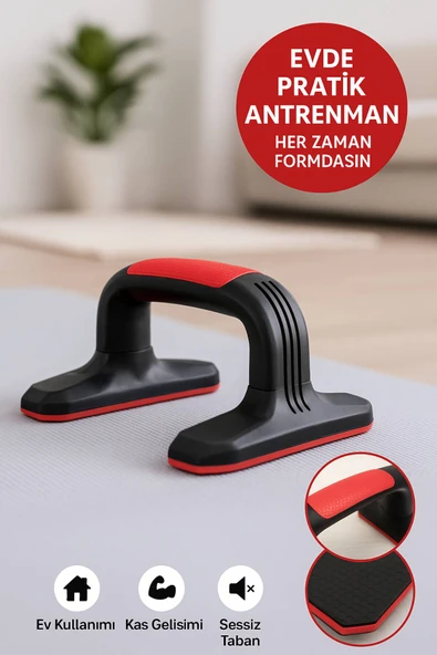 Kaymaz Tabanlı Push-Up Standı – Ev ve Salon Kullanımına Uygun Güçlü Destek Aparatı Kırmızı - Resim 4