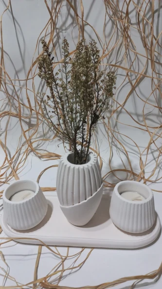 İSKANDİNAV VAZOLU TABAKLI TEALİGHT MUMLUK SET BEYAZ DEKOR - Resim 2